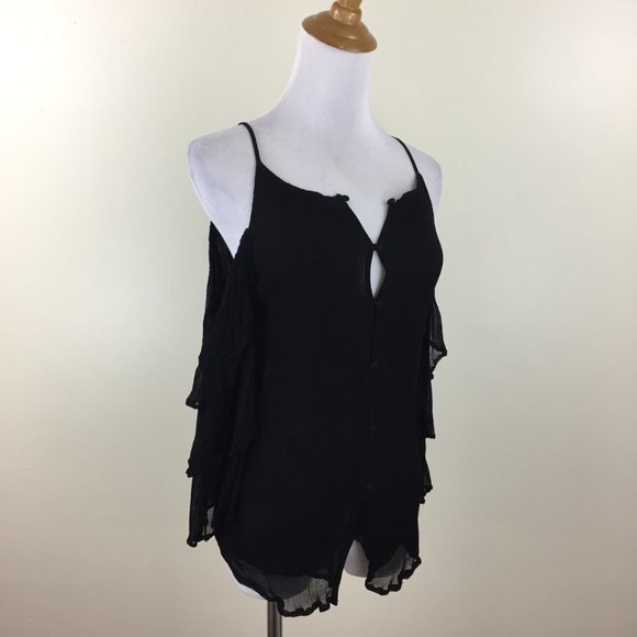MAEVE Anthropologie Black Crepe Chiffon Cold Shoulder Ruffle Sleeve Button Shirt - Picture 5 of 10